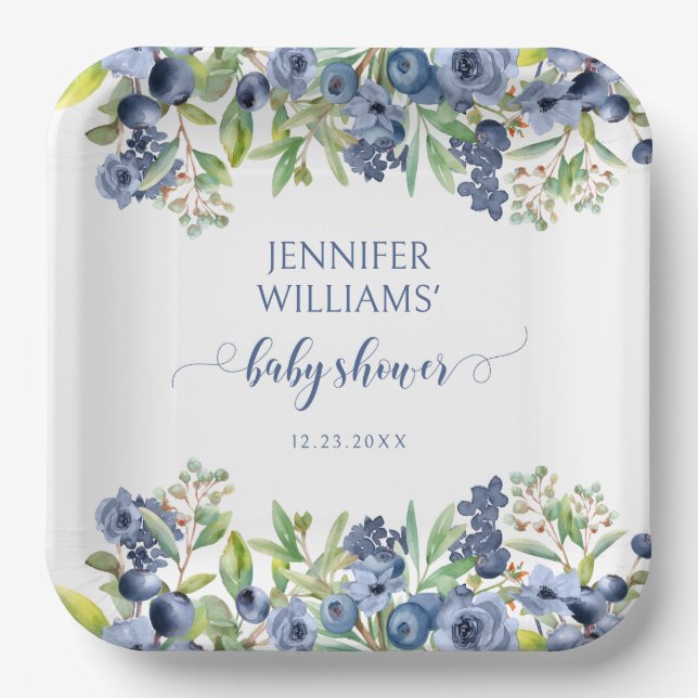 Blueberry floral baby boy shower paper plates (Front)