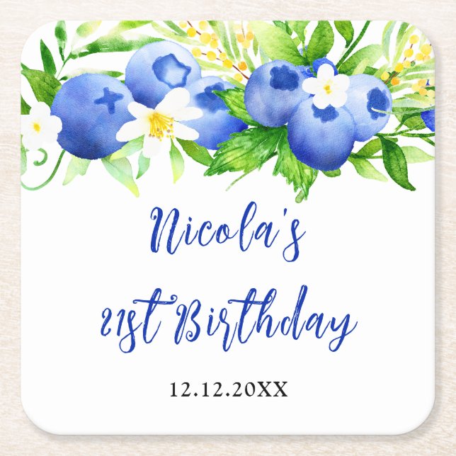 Blueberry Floral Birthday Square Paper Coaster (Front)