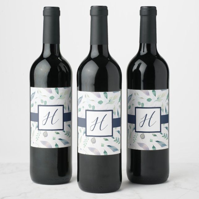 Blueberry Floral Monogram Wine Bottle Wine Label (Bottles)