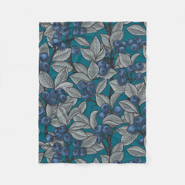 Blueberry garden, blue and grey fleece blanket (Front)