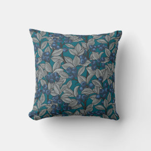 Blueberry garden, blue and grey throw pillow
