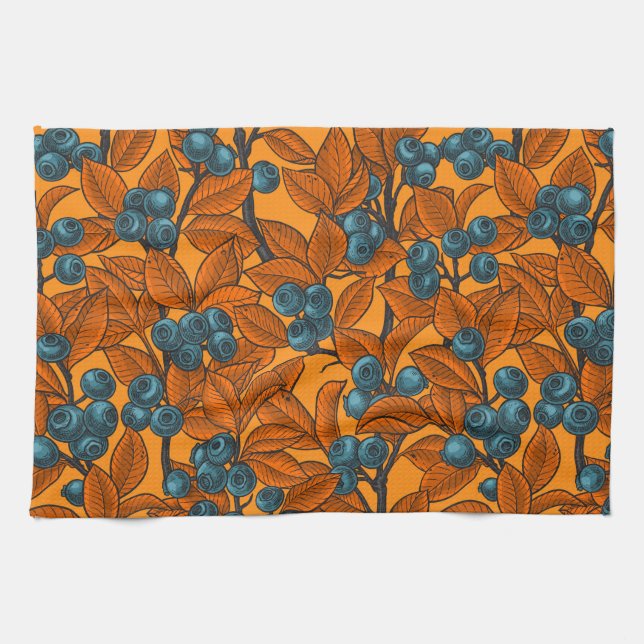 Blueberry garden, blue and orange kitchen towel (Horizontal)