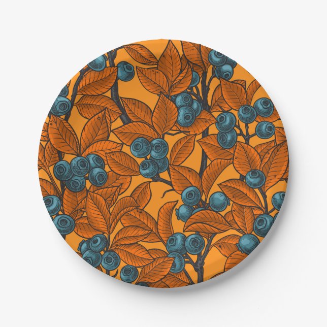 Blueberry garden, blue and orange paper plate (Front)