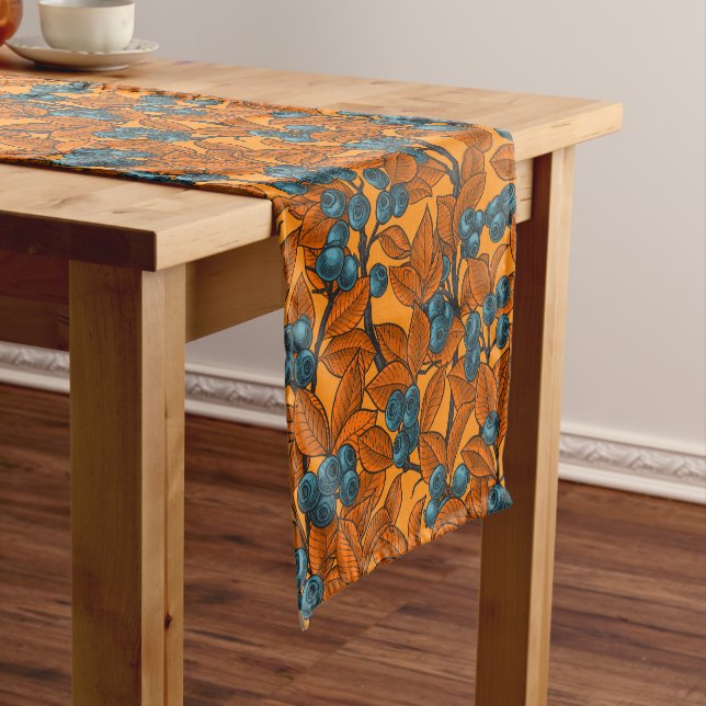 Blueberry garden, blue and orange short table runner (In Situ)