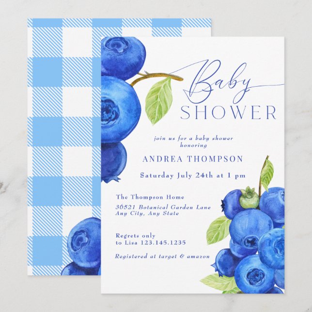 Blueberry | Invitations modernes de douche bébé (Devant / Derrière)