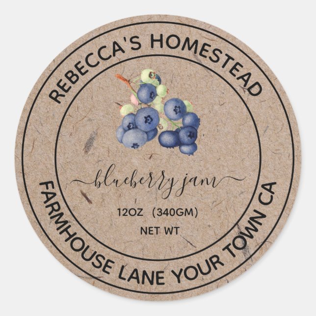 Blueberry Jam Kraft Paper Canning Jar Labels (Front)