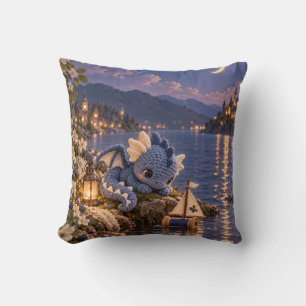 Blueberry Knit Dragon Moonlit Lake Sailboat Throw Pillow