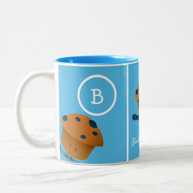 Blueberry Muffin Monogram Cartoon Character Blue Two-Tone Coffee Mug (Left)