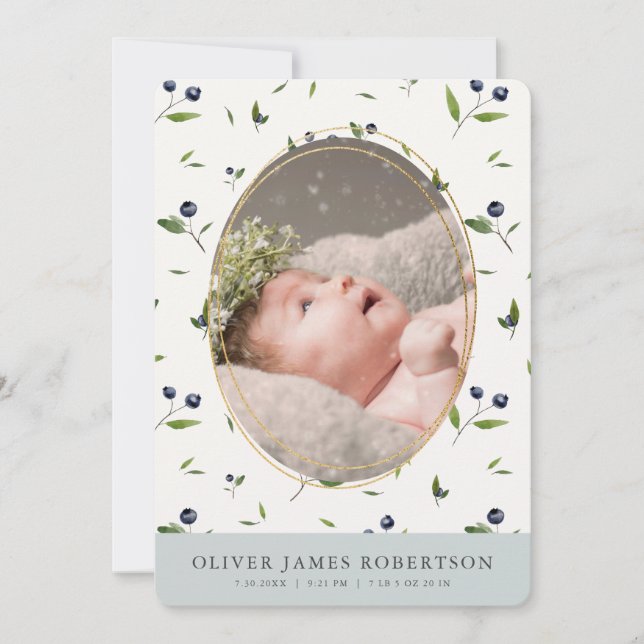 Blueberry Pattern Boy Photo Birth Announcement (Front)