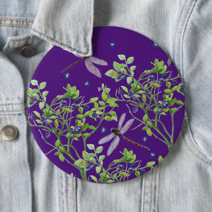 Blueberry pattern with dragonflies 6 inch round button