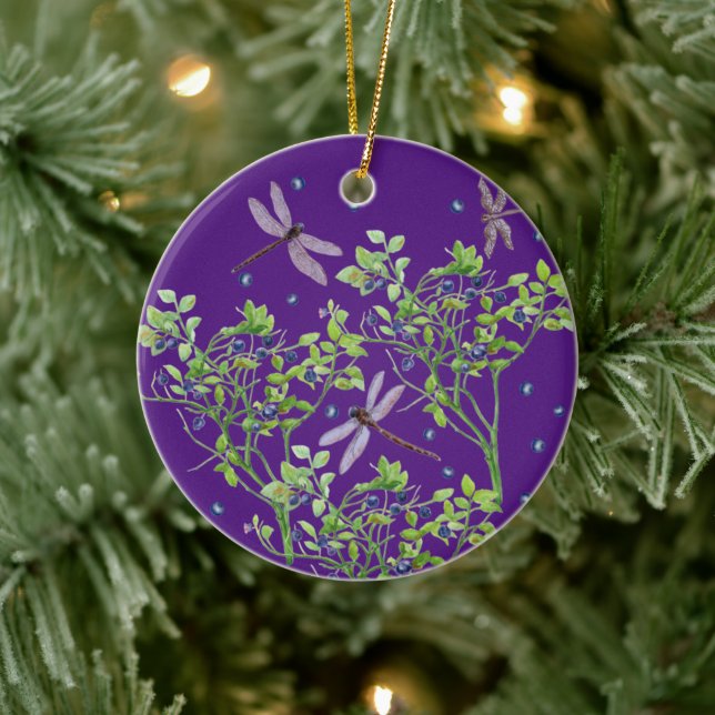 Blueberry pattern with dragonflies ceramic ornament (Tree)