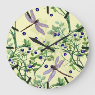 Blueberry pattern with dragonflies large clock