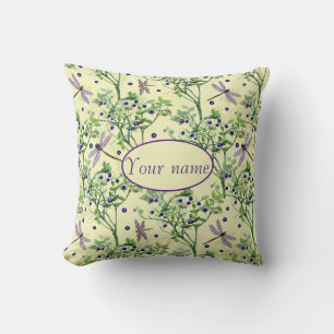 Blueberry pattern with dragonflies throw pillow