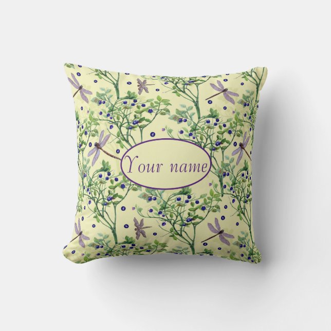 Blueberry pattern with dragonflies throw pillow (Front)