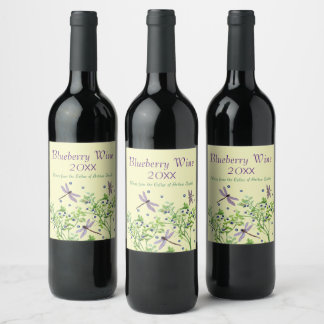 Blueberry pattern with dragonflies wine label
