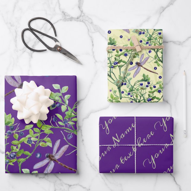 Blueberry pattern with dragonflies wrapping paper sheet (Front)