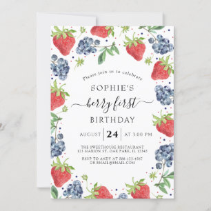 Blueberry Strawberry Sweet Berry First Birthday Invitation