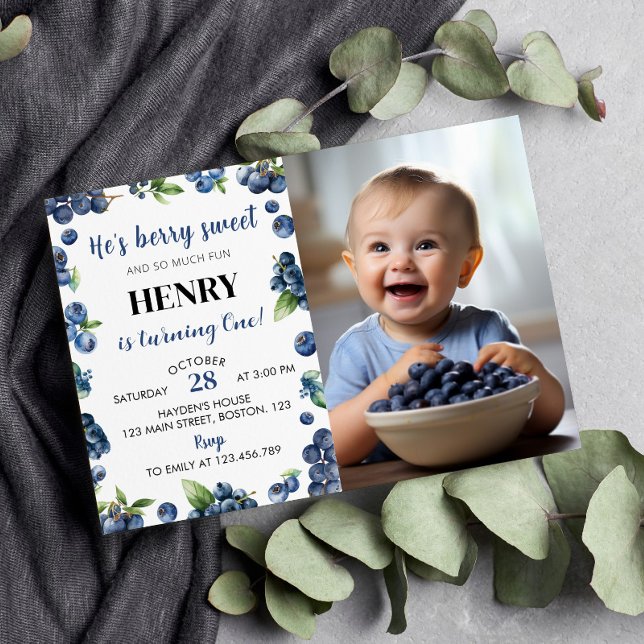 Blueberry Sweet First Birthday Photo Invitation (Créateur téléchargé)