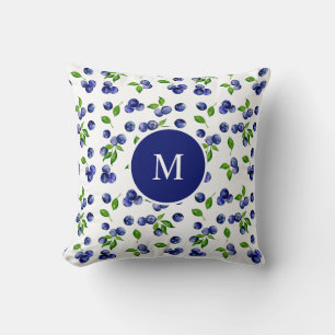 Blueberry Watercolor Monogram Berry Rustic Chic T Throw Pillow