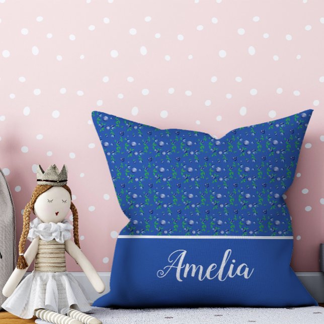 Blueberry watercolor pattern cute name blue throw pillow (Creator Uploaded)