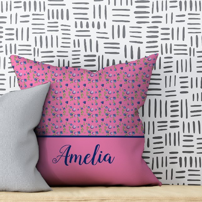 Blueberry watercolor pattern cute name pink throw pillow (Creator Uploaded)