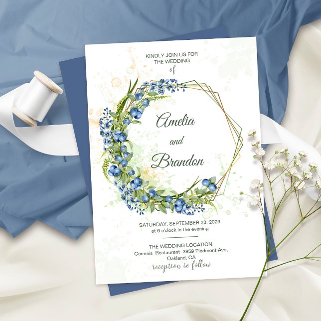 Blueberry Wildflowers Faux Gold Foil Frame Wedding Invitation (Creator Uploaded)