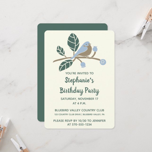 Bluebird and Blueberries Custom Birthday Party Invitation (Front/Back In Situ)