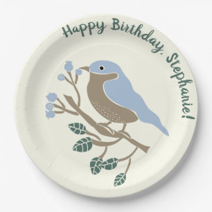 Bluebird and Blueberries Personalized Birthday Paper Plate