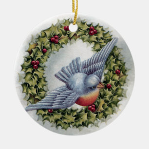 Bluebird and Holly Wreath Vintage Christmas Ceramic Ornament