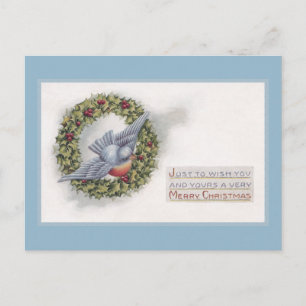 Bluebird and Holly Wreath Vintage Christmas Holiday Postcard