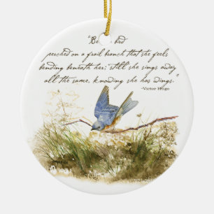 Bluebird Bird on Branch Victor Hugo Poem Ceramic Ornament