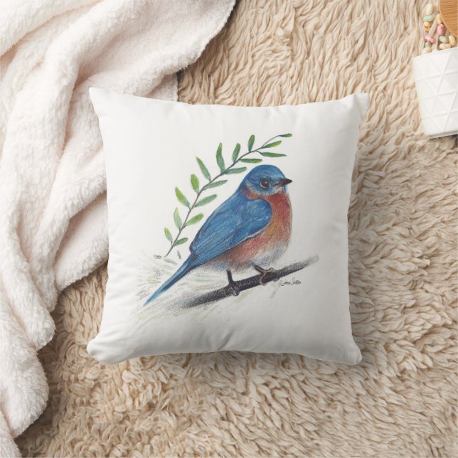 Bluebird Bird Watercolor Art Throw Pillow (Blanket)