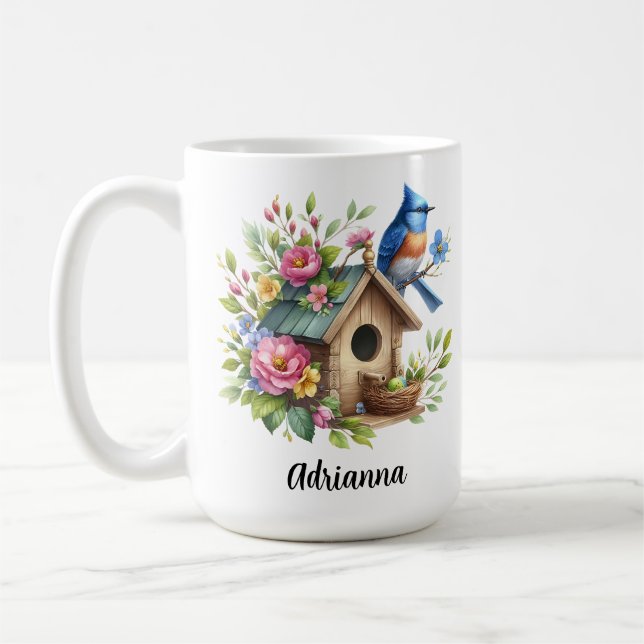 Bluebird Birdhouse Flowers Springtime Garden Coffee Mug (Left)