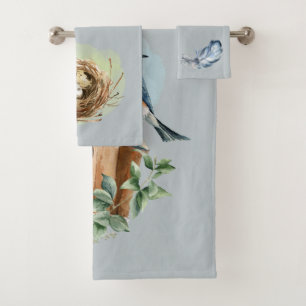 Bluebird Birdhouse Nest Feather Blue and Green Bath Towel Set