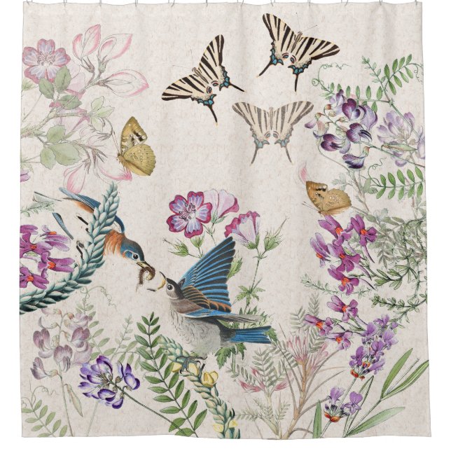 Bluebird Birds Butterfly Flowers Shower Curtain (Front)