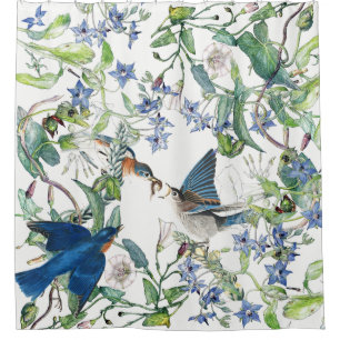 Bluebird Birds Morning Glory Floral Shower Curtain