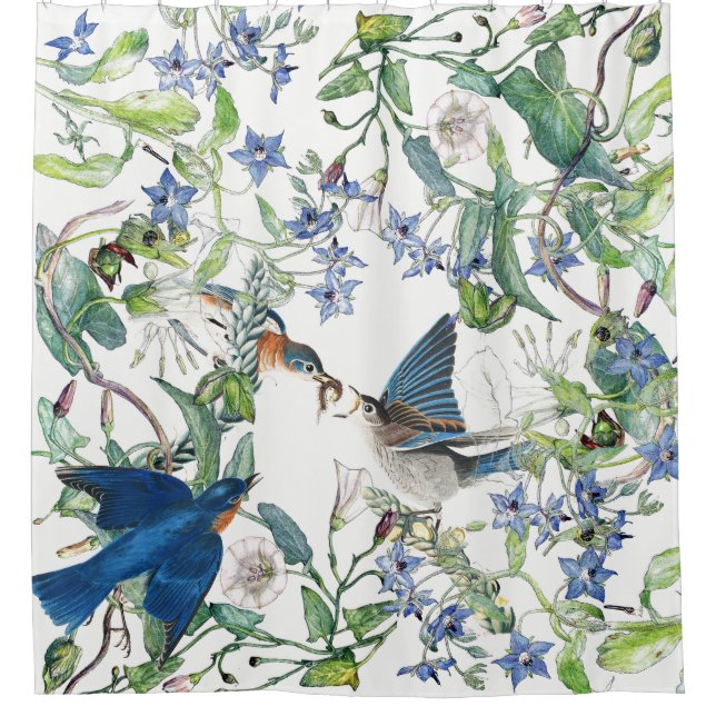 Bluebird Birds Morning Glory Floral Shower Curtain (Front)