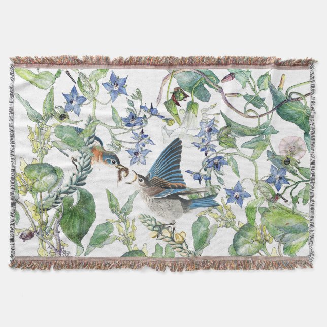 Bluebird Birds Morning Glory Flowers Throw Blanket (Front)
