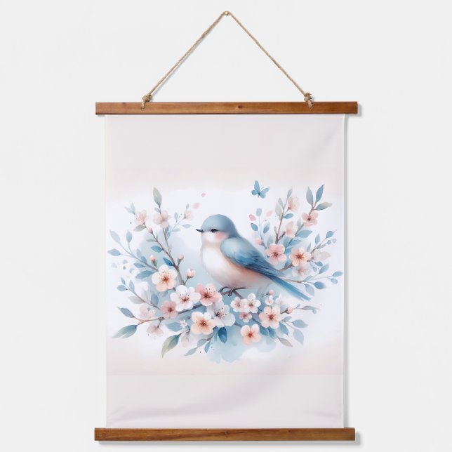Bluebird Blossom Watercolor Serenity Hanging Tapestry (Front)