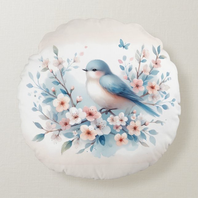 Bluebird Blossom Watercolor Serenity Round Pillow (Front)