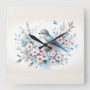 Bluebird Blossom Watercolor Serenity Square Wall Clock