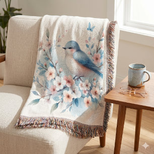 Bluebird Blossom Watercolor Serenity Throw Blanket