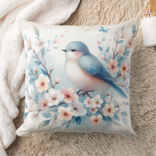 Bluebird Blossom Watercolor Serenity Throw Pillow