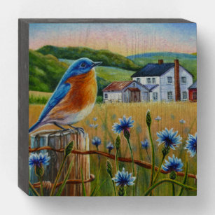 Bluebird Cornflowers Summer Farm Watercolor Art Wooden Box Sign