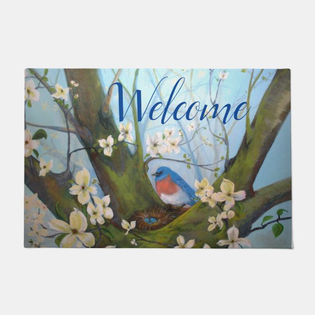 Bluebird Floral Watercolor Welcome Doormat (Front)