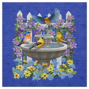 Bluebird Goldfinch Birdbath Garden Royal Blue Fabric