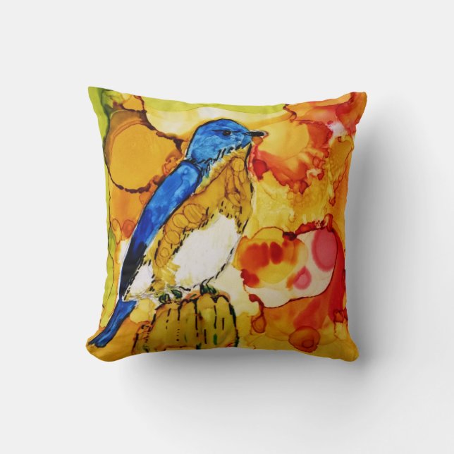 Bluebird in Fall Throw Pillow (Front)