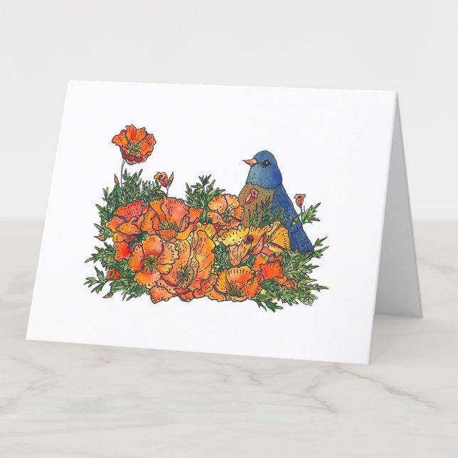 Bluebird in Poppy Flowers Watercolor Carte blanche (Créateur téléchargé)
