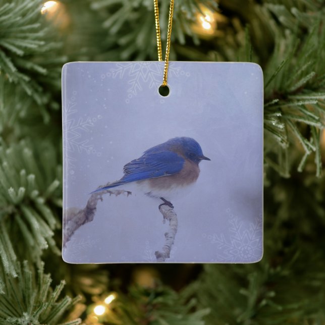 Bluebird in Snowy Winter Trees - Holiday Ceramic Ornament (Tree)