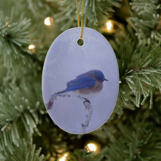 Bluebird in Snowy Winter Trees - Holiday Ceramic Ornament (Tree)